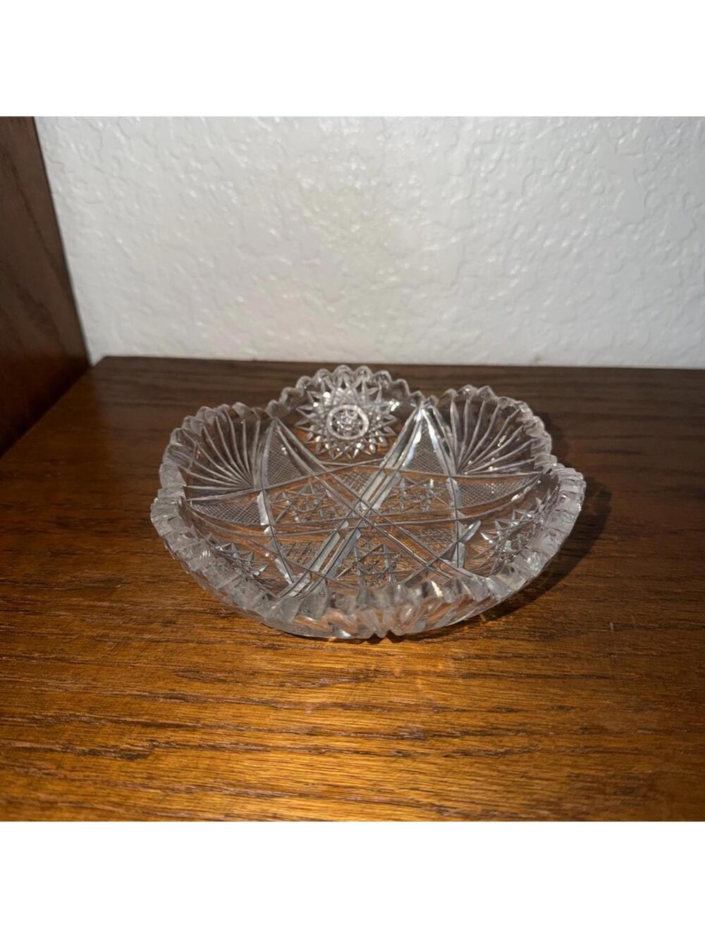 Antique American Brilliant Period Cut Crystal Glass Bowl - Hobstar & Fan Pattern